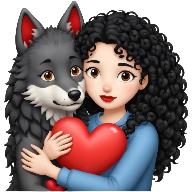 Black curly hair white skin girl hugging one big wolf with hearts above them emoji