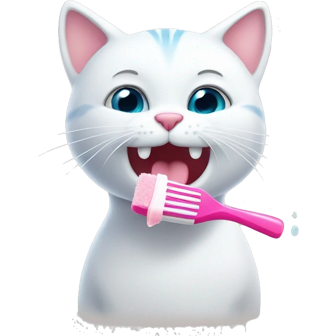 Cute white cat brushing teeth with pink toothbrush  emoji