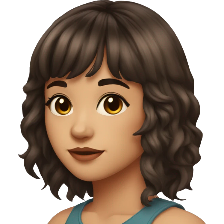 a 26 years old girl with dark brown hair with res ombre bangs, dark brown eyes emoji