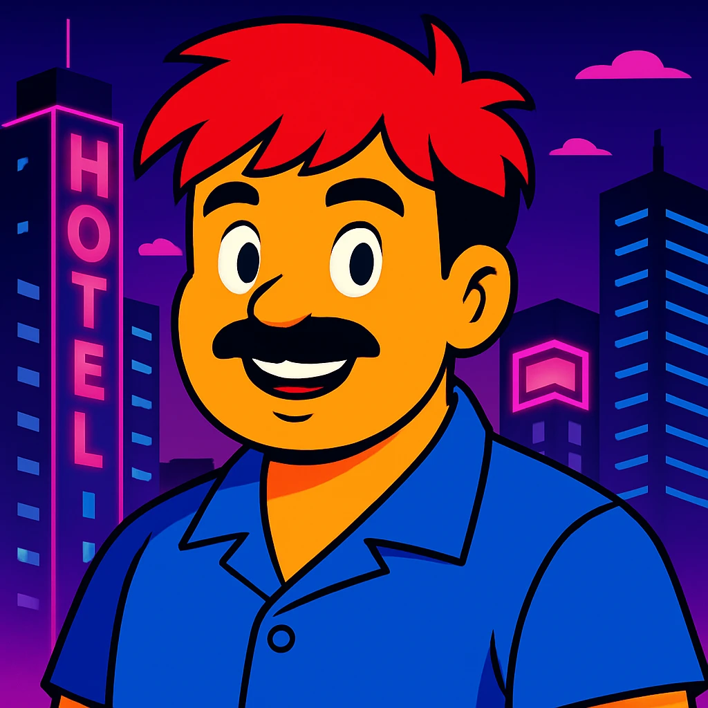 Make the face a bit rounder and add a smile, keep the vibrant toon style, neon city background, and all original colors and lighting emoji