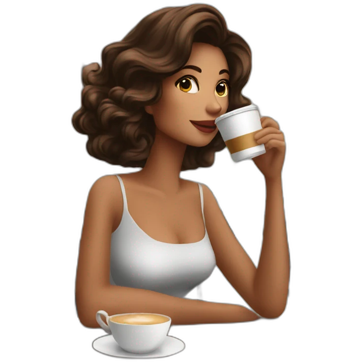 A beautiful brunette influencer drinking coffee and eating a croissant in a French bistro  emoji