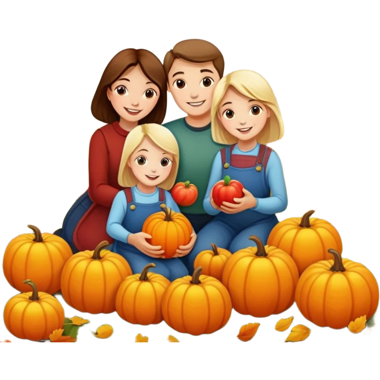 family picking apples and pumpkins together, autumn background, joyful emoji