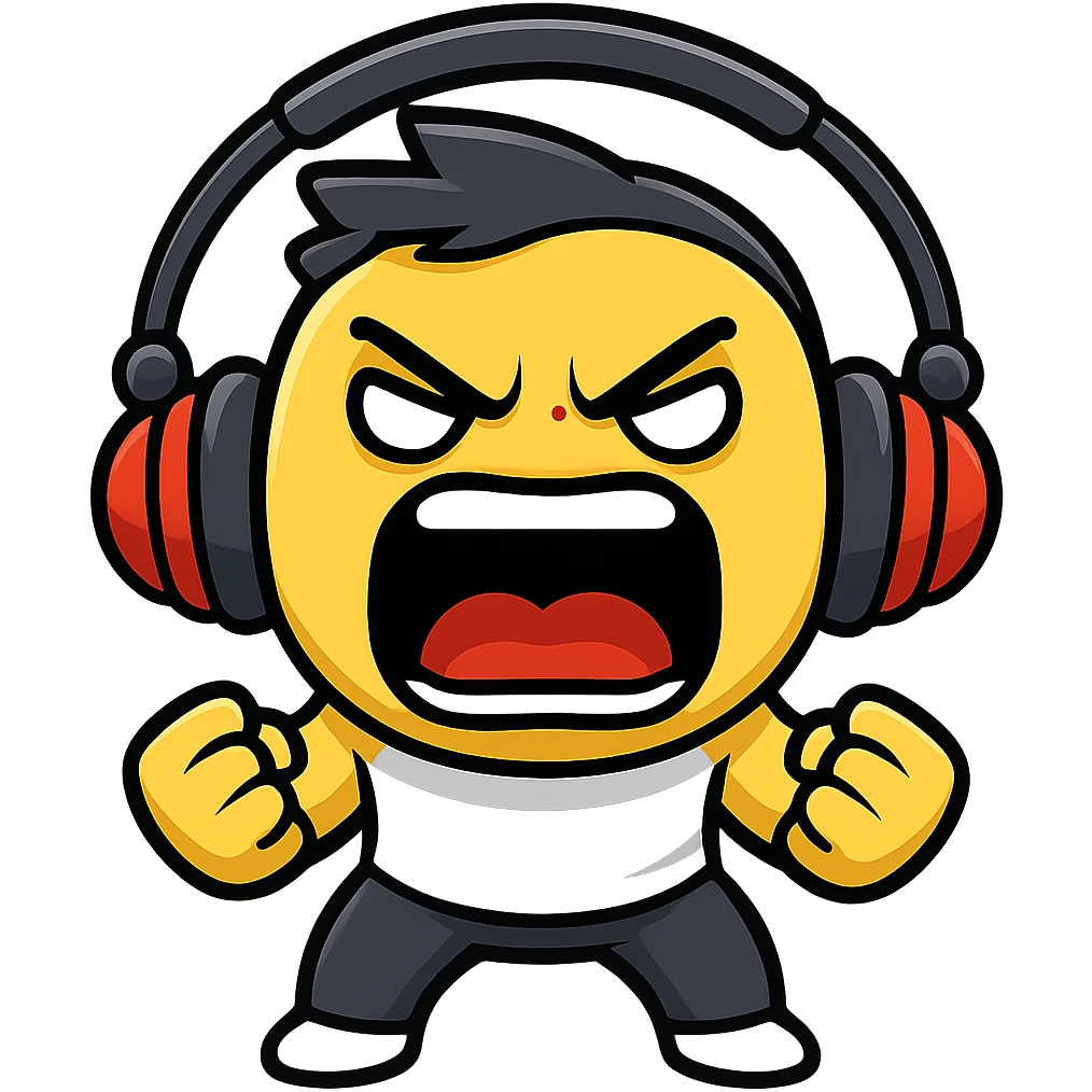Make the bold guy with headphones look angrier and more intense while screaming in the style of cartoonish stickers. emoji