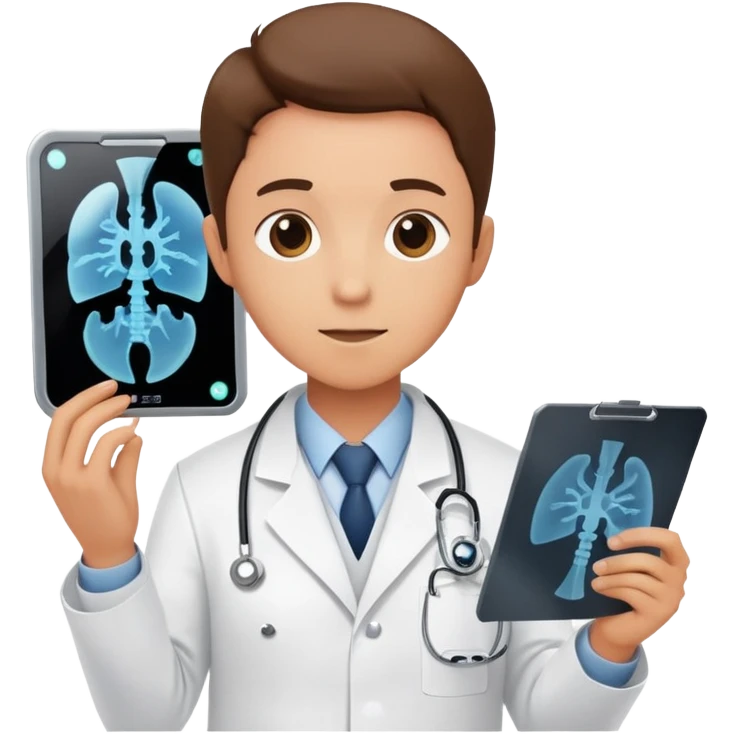 A medical professional in a white lab coat examining an X-ray film, wearing a radiation badge emoji
