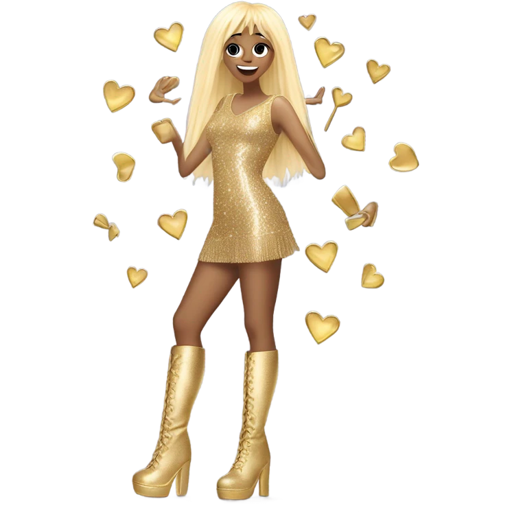 Tall blonde pop star wearing a good fringe mini dress , gold sparkly knee high boots and raising hand over her head in a hand heart  emoji