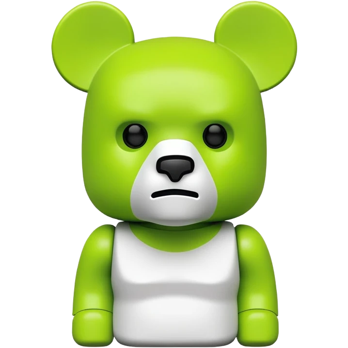 geometric bearbrick figurine with block-shaped head, lime green mask covering face except for prominent expressive eyebrows, iconic bear toy emoji