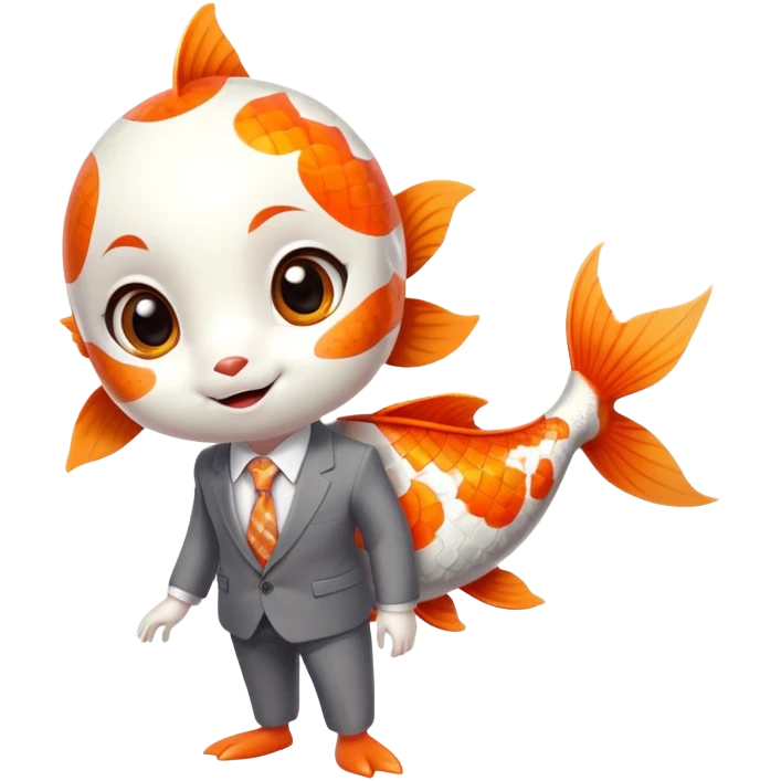 A super cute and fun koi fish character with big anime eyes, rosy cheeks, playful smile, sleek rounded body with orange and white patterns, wearing a neat business suit, white shirt, and tiny tie emoji