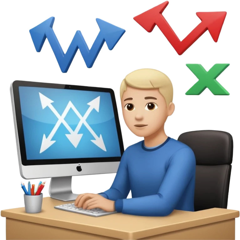 A person sitting at a desk working and looking at a computer with upward arrows and percentage signs, suggesting digital sales, marketing, or outreach. emoji