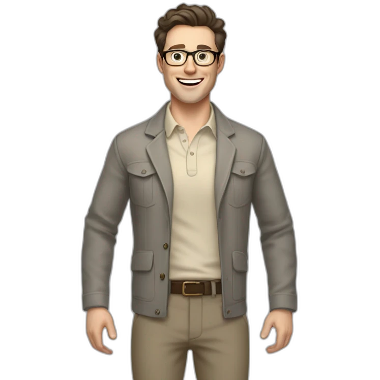 Joyful Full height Pale skinned Fit Man With dark brown hair in gray jacket, beige office shirt, Brown pants and vintage glasses. His thrumbs up emoji
