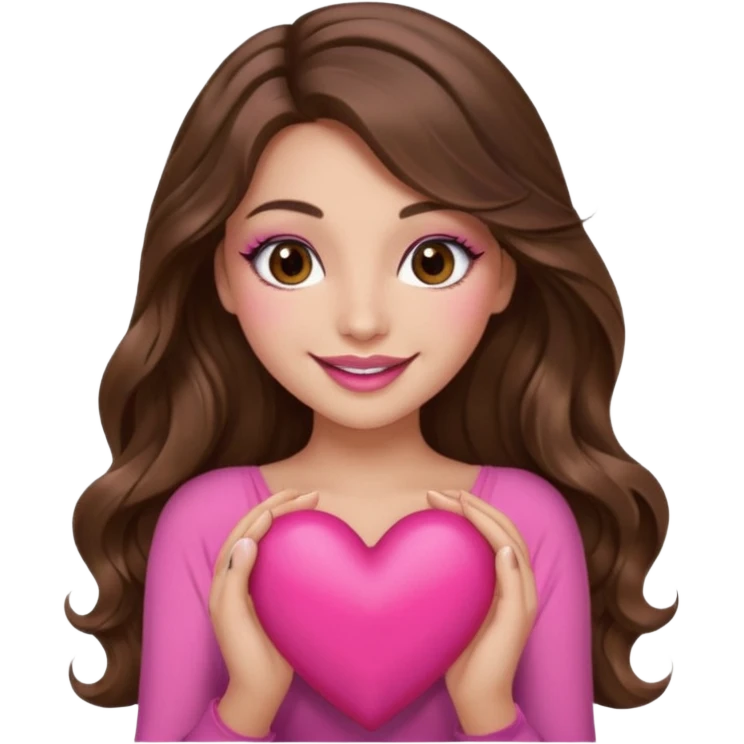 girl with long wavy brown hair, brown eyes, long lashes makeup, sexy pink lips, light to medium complexion, wearing a pink sexy top, smiling, holding a big heart emoji