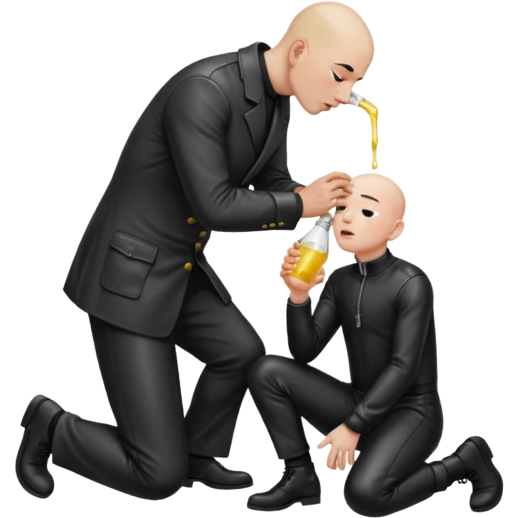 Bald man on his knees submissive to tall, standing man in leather, pouring piss down his throat emoji