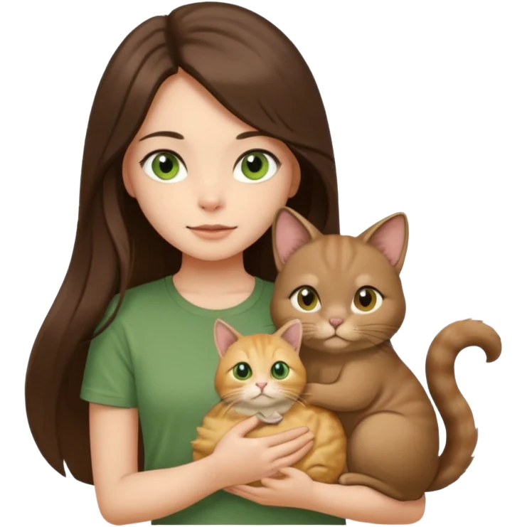 brunette girl with long hair and brown eyes in a brown T-shirt holds a golden chinchilla cat in her arms a cat with green eyes emoji