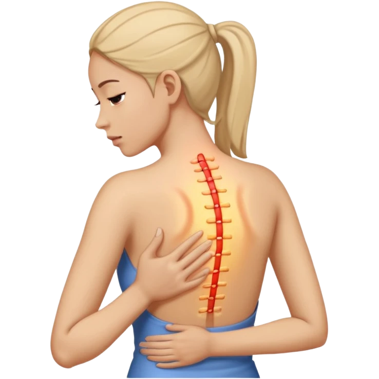 mulher com dor no corpo todo com a mao na coluna indicando dor emoji