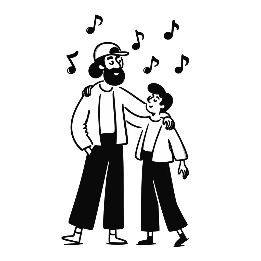 A taller 35-year-old musician with beard and backwards cap with his arm around the shoulder of his shorter, younger 25-year-old musician brother. Both facing forward, smiling. Obvious height difference between them. Music notes floating around and band members celebrating in background. emoji