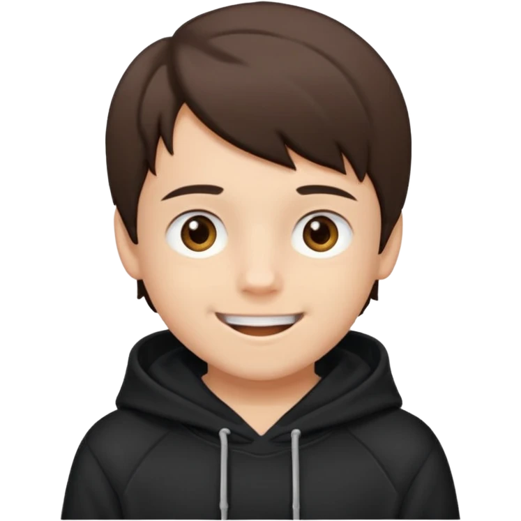 A brunette boy, short straight hair, light brown eyes, with a black sweatshirt with a hoodie, and smile without teeth  emoji
