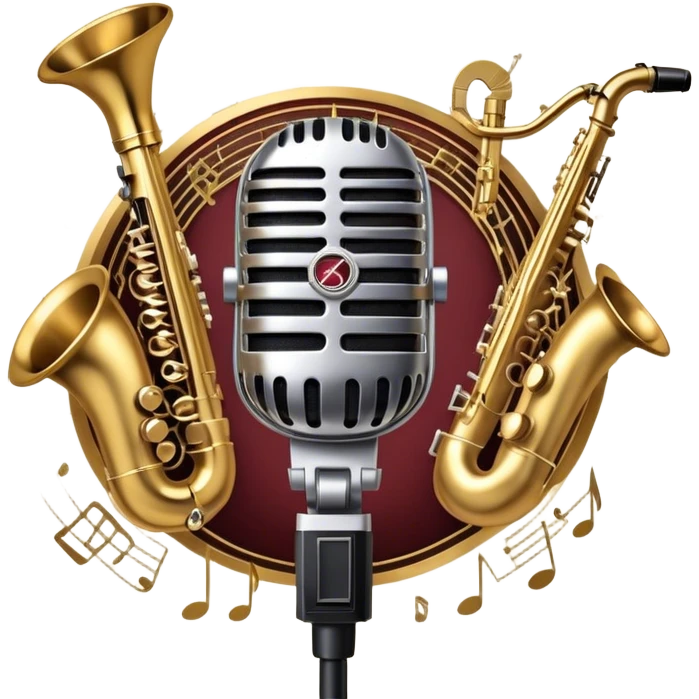 Create an artistic and dynamic emoji representing jazz vocal performance, featuring a vintage microphone as the central focus. Surround the microphone with traditional jazz instruments, such as a saxophone, trumpet, and upright bass, arranged in a harmonious, flowing design. Add musical notes and sound waves emanating from the microphone to symbolize the improvisational and expressive nature of jazz vocals. The instruments should have a polished, classic appearance with metallic gold and silver accents. Use rich colors like deep black, gold, and burgundy to evoke the sophisticated and soulful atmosphere of a jazz club. The background should be transparent. emoji