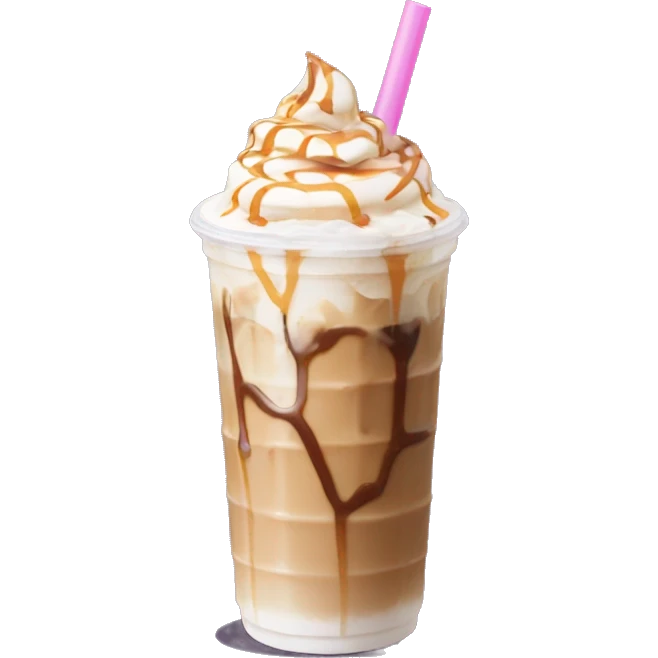 Caramel iced coffee with whipped cream and caramel drizzle with light pink straw emoji