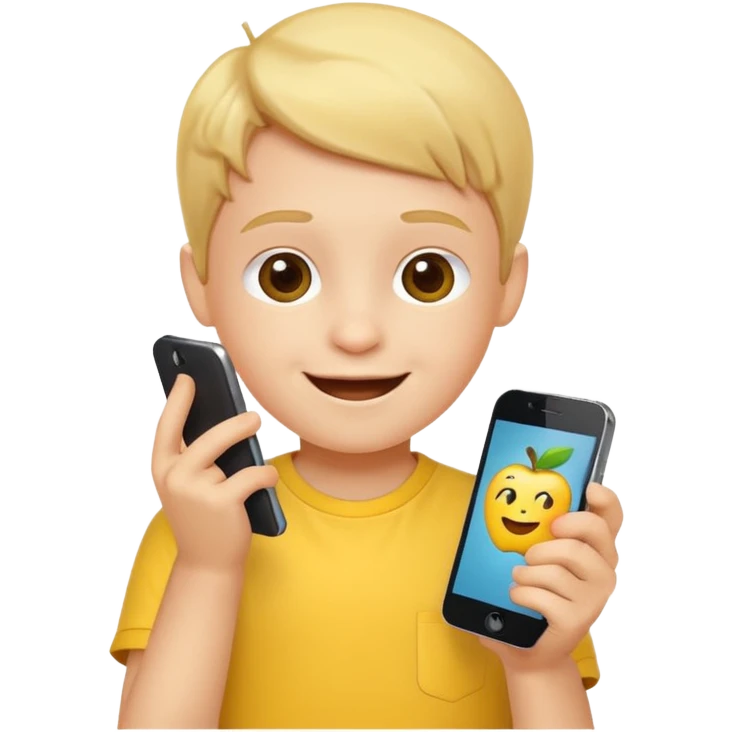 happy little kid with a phone, apple style emoji, wearing a yellow shirt, concise style typical of apple emojis emoji