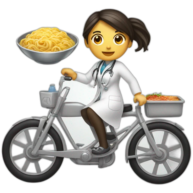 long and dark hair female doctor with a ramen bowl in her hand and riding a chrome bicycle emoji
