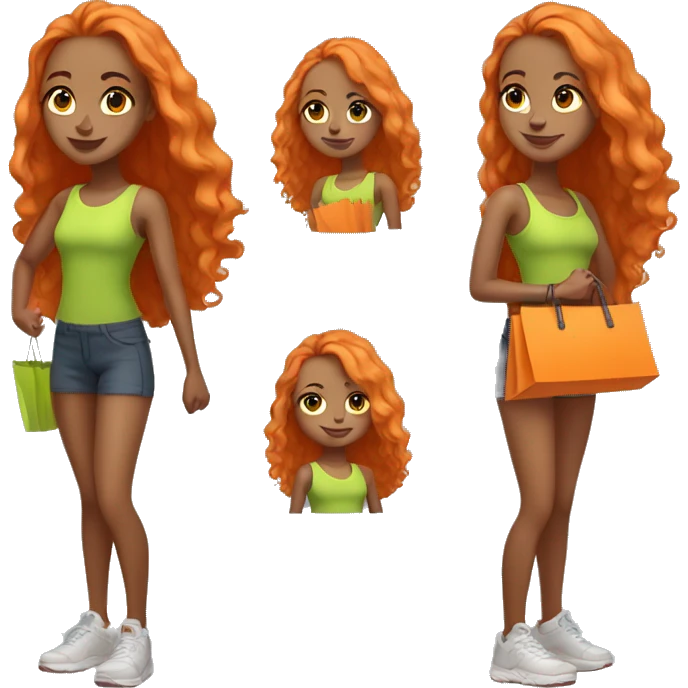 Tan girl with long orange hair wearing cute gym outfit holding shopping bags emoji