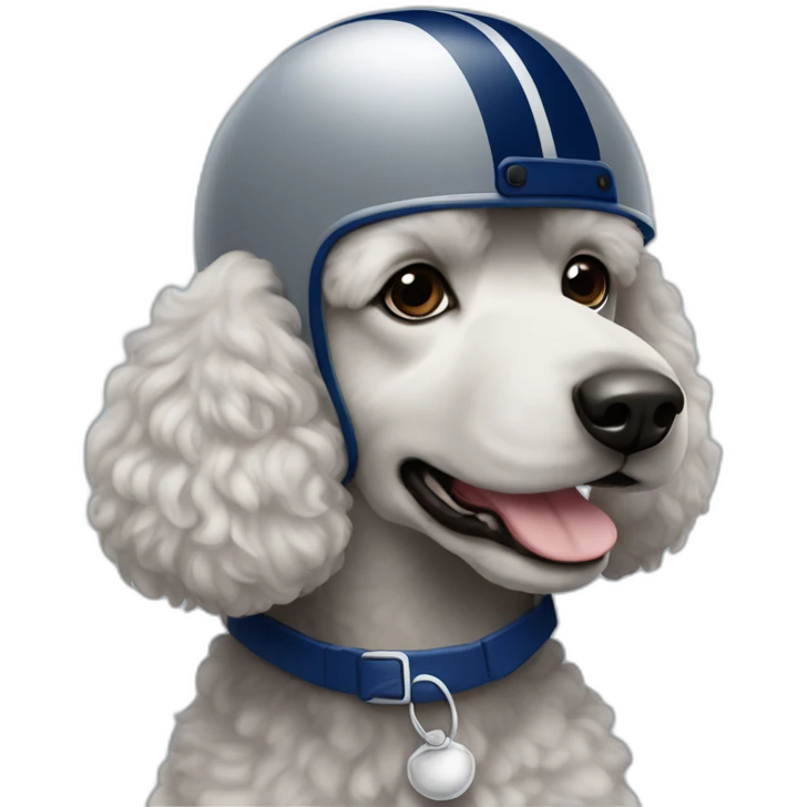 Poodle wearing a grey football helmet with dark blue stripe emoji