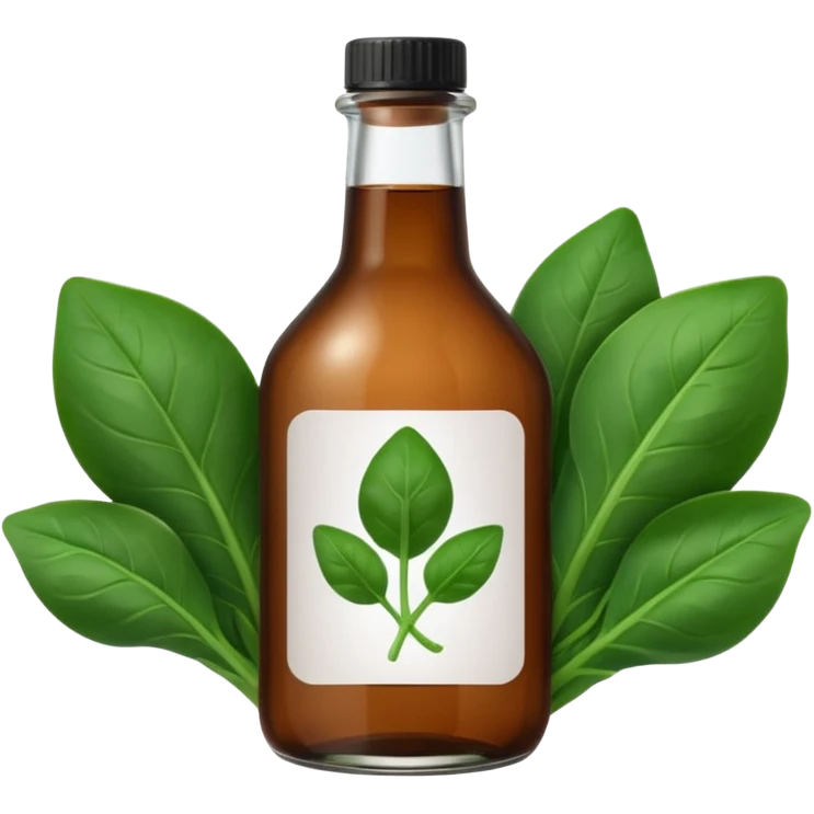 brown glass bottle of supplements with white label, black thin title K2 and small spinach emoji emoji