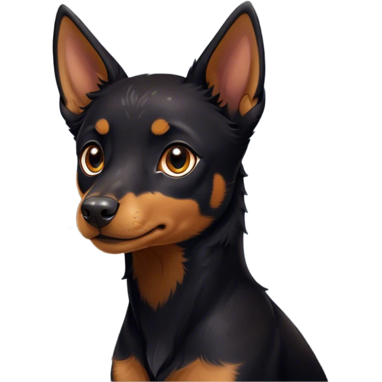 Cinematic Cute Black and Tan Kelpie Portrait Emoji, Head tilted playfully and inquisitively, featuring a sleek black Fur with vibrant tan markings, round, sparkling dark eyes filled with curiosity, Simplified yet irresistibly adorable features, highly detailed, glowing with a warm, friendly glow, high shine, affectionate and spirited, stylized with a touch of whimsy, bright and endearing, soft glowing outline, capturing the essence of a mischievous yet loving herder, so playful it feels like it could leap out of the screen and into your arms! emoji