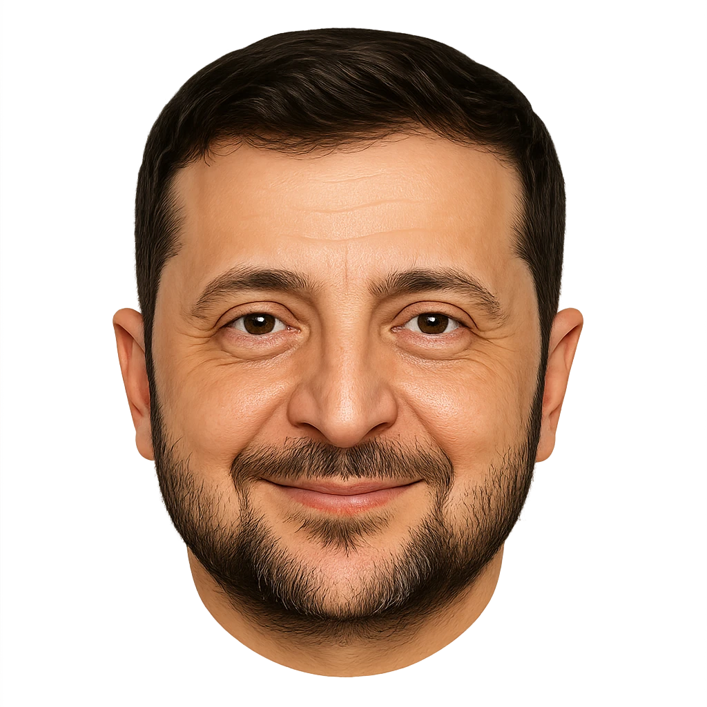 Vladimir Zelensky as an emoji with a round face, close likeness to his real face, detailed hair, beard, and eyes, friendly smile, high quality emoji