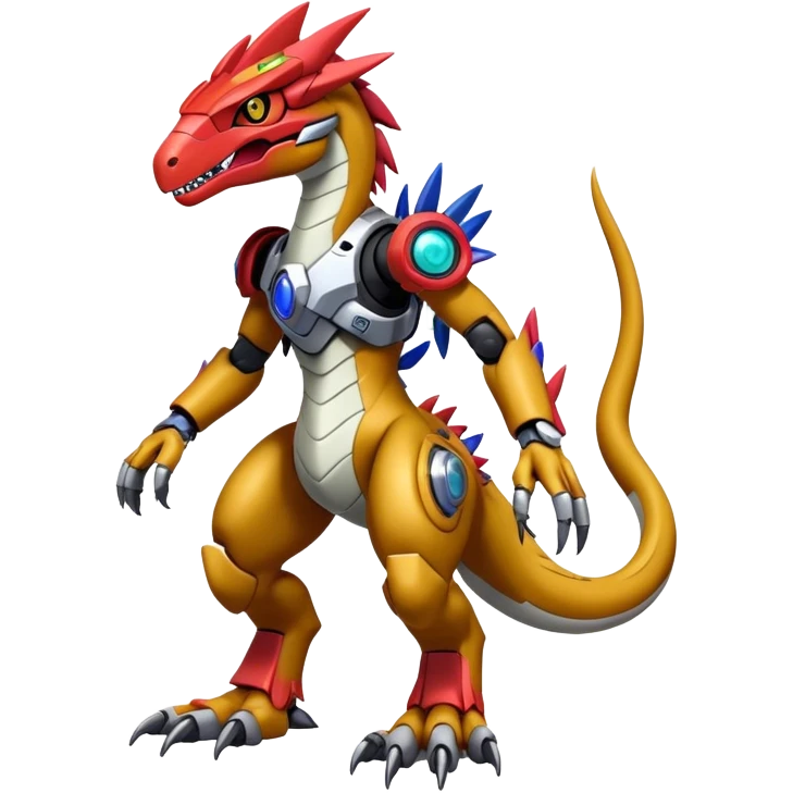 Furry maned Cool Edgy Futuristic shiny colorful cyborg-Digimon-Fakemon-Guilmon-Velociraptor-Mecha full body  emoji