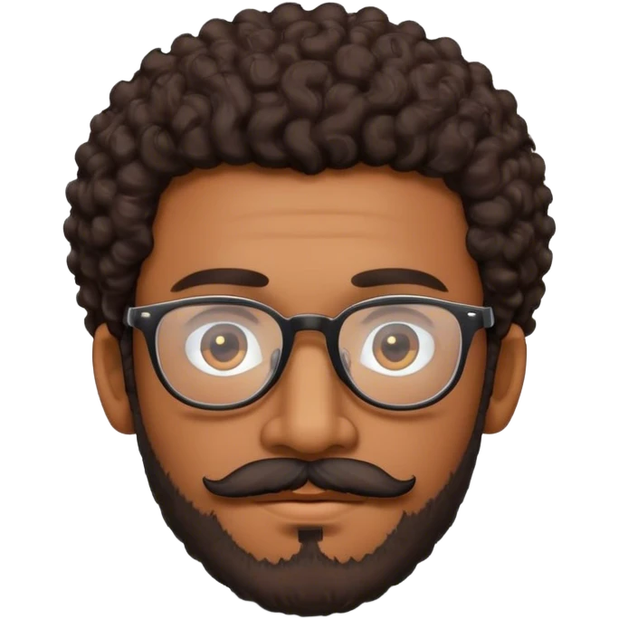 a brown skinned man with dark curly hair, a mustache and a beard with thin rimmed glasses. emoji