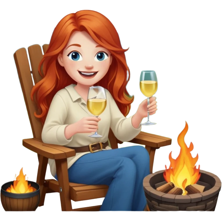Laughing redhead with long hair and blue eyes holding chardonnay sitting in chair beside fire pit  emoji
