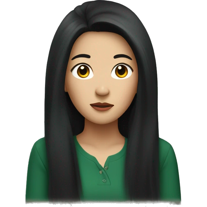 asian lady with long black hair, hoop earrings, a dark green shirt with a puzzled look on her face emoji