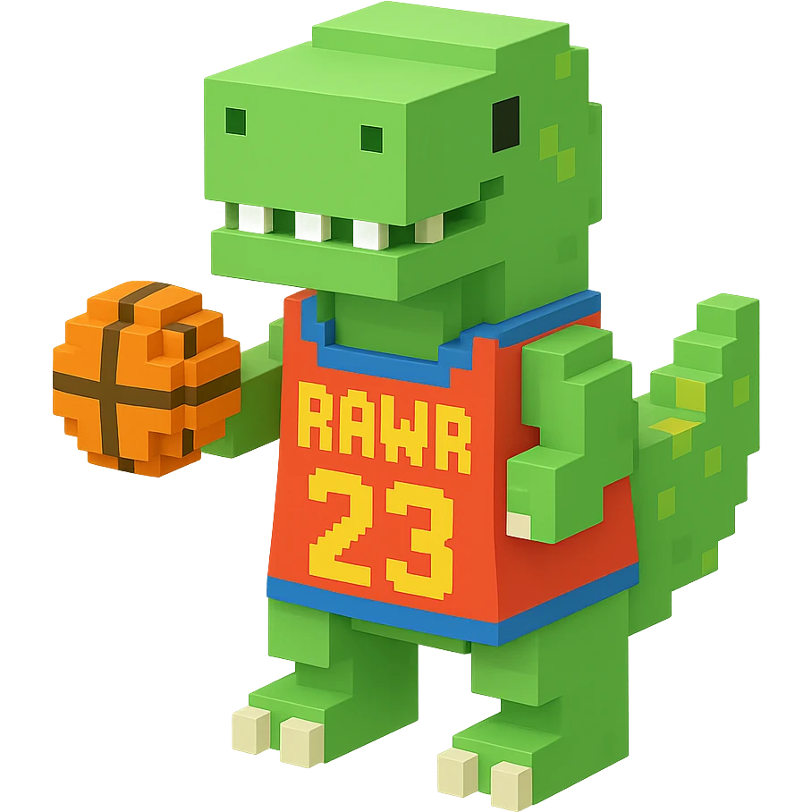 надпись "RAWR" и динозавр с баскетбольном мячом в майке с надписью "23", no background  emoji