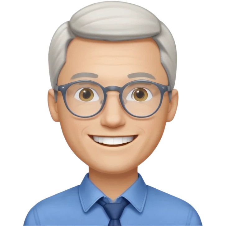 30 yr old pale white man, white/grey side swept stylish hair, round glasses, big smile, white teeth, handsome, longer hair, thin glasses, blue dress shirt emoji