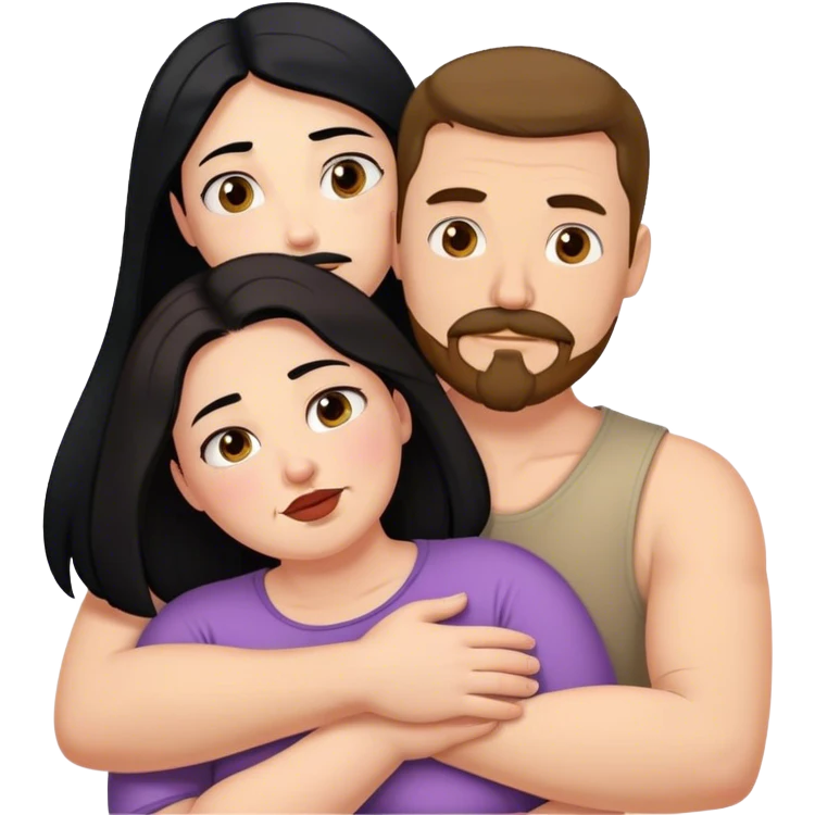 Tall strong white man with brown mustache goatee hugging a chubby short pale woman with long black hair emoji