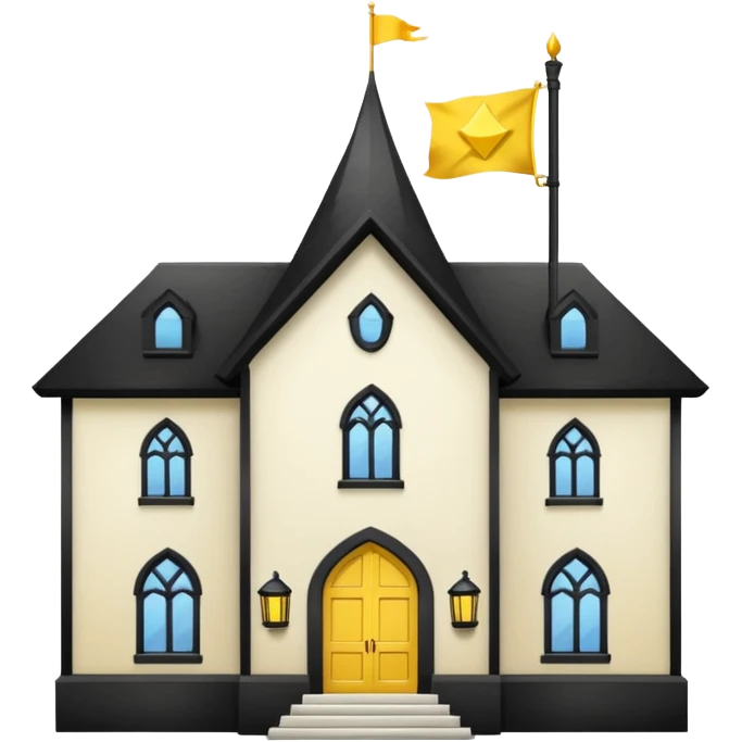 white background, magic school, black roof, with a big flag, big flag on a roof, big yellow flag, white school emoji