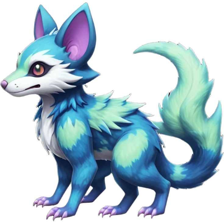 Realistic Sharp mossy elemental detailed Colorful translucent luminescent glowing Trico-Noibat-batty-Sergal-Furret-Ferret-Wolverine-Vernid-furry-fursona-fusion-Fakemon-animal-hybrid-creature, full body emoji