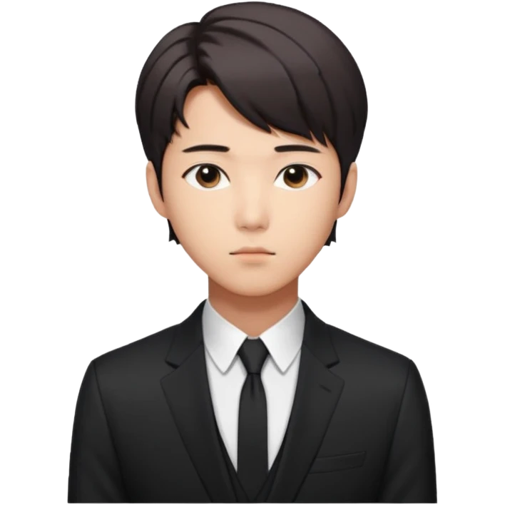 Create a Korean male idol in sleek black suit, side-swept hair & serious gaze, inspired by RM of BTS. emoji