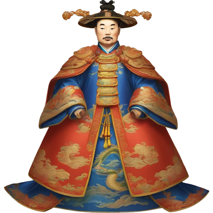 Qianlong, Qing dynasty's emperor, is recognized by his majestic attire: dragon-adorned imperial robes, a court headdress, and a ceremonial scepter. 🐉👑 emoji