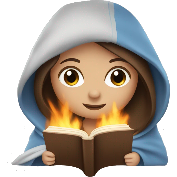 Girl with brown hair and blue eyes in a blanket reading a book by the fire emoji