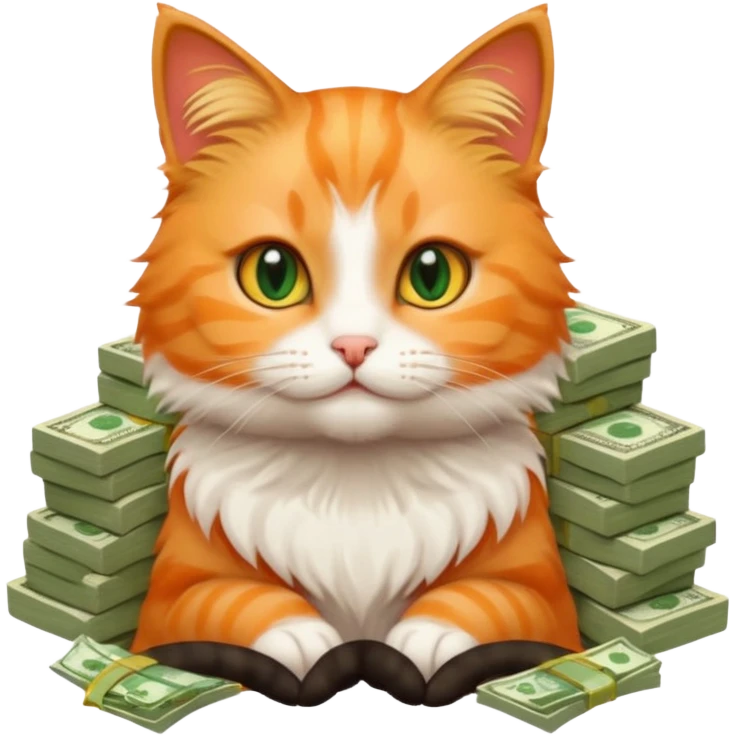 Cute cat surrounded by money emoji