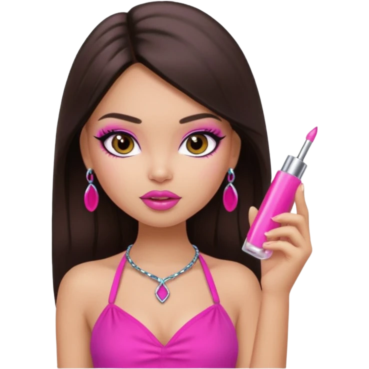 generate a pretty fair bratz girl with dark brown eyes, dark brown hair straight long. Wearing a hot pink halter neck top.  pink lipgloss emoji