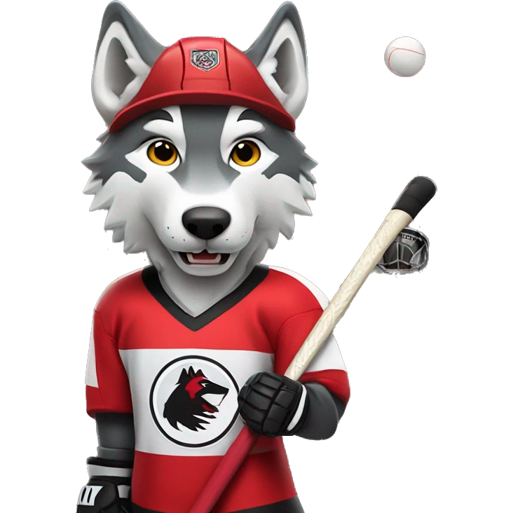 A wolf in a red black and white hockey uniform with a wolf emblem is playing hockey emoji