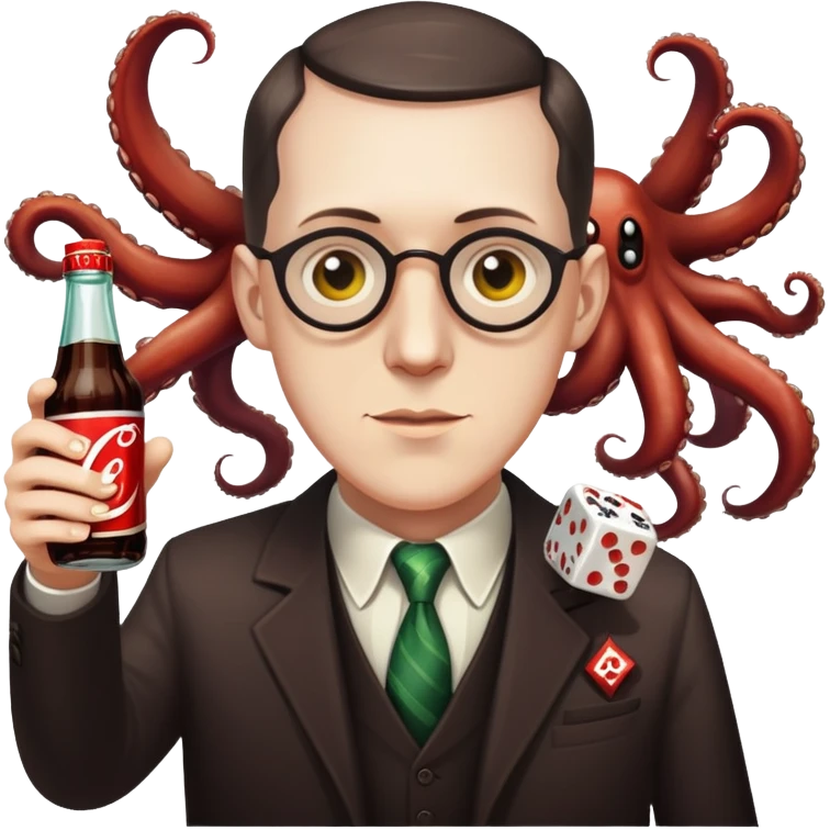 writer Lovecraft holding a bottle of cola and throwing dice, emoji style, with tentacles in the background emoji