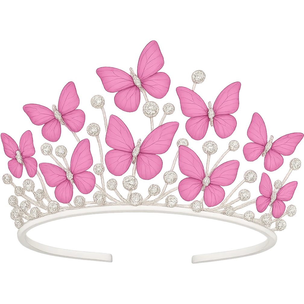 Make the base of the butterfly crown white, keep the vibrant pink enamel butterflies and sparkling gems, with no background. The style should maintain the vibrant and sparkling look of the original images. emoji