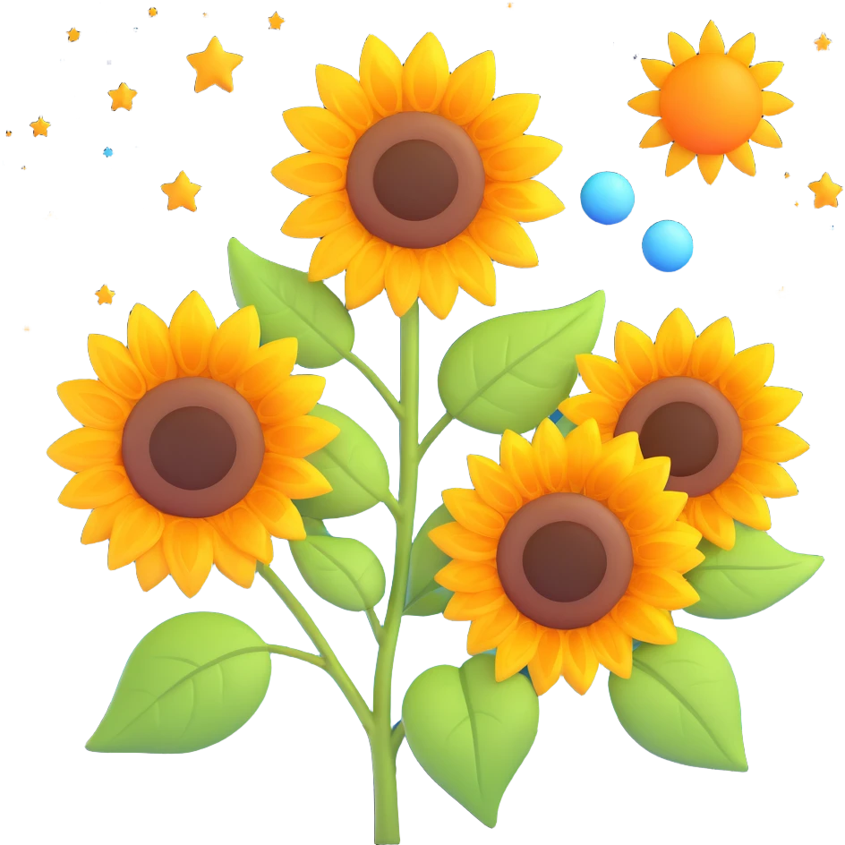 two sunflowers with green leaves, orange and yellow color palette, stylized sky with constellations and sun, in 3D iOS emoji style, matching the reference image's composition and colors emoji
