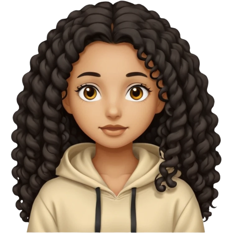 Tan skin girl with black very long curly hair, brown eyes, vanilla colored hoodie emoji