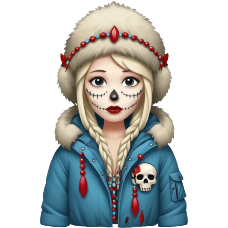 An attractive Alaskan princess, full body, facing to the right. In the style of your bleeding skull art. emoji