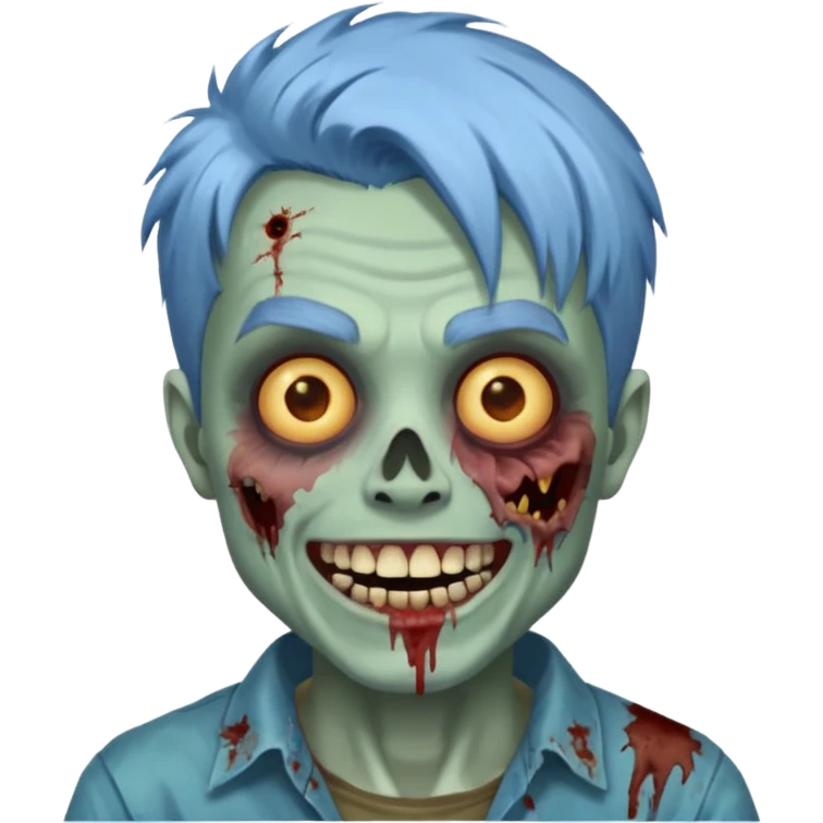 я мужчина, цвет волос пепельно синий, стрижка как у футболиста Yamal сделай меня в стиле зомби и ещё сделай с Улыбкой крутой и поменяй стрижку больше объемной зделай emoji