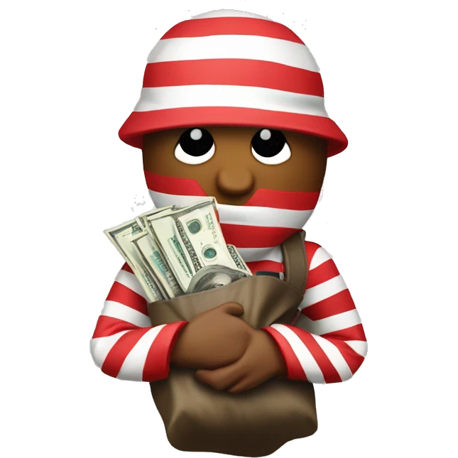 Make me a robber with a red and withe stripes as a shurt holding a money bag on the back emoji